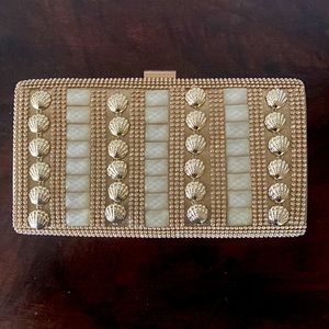 Diamond and Shell Gold Clutch with Removable Shoulder Chain